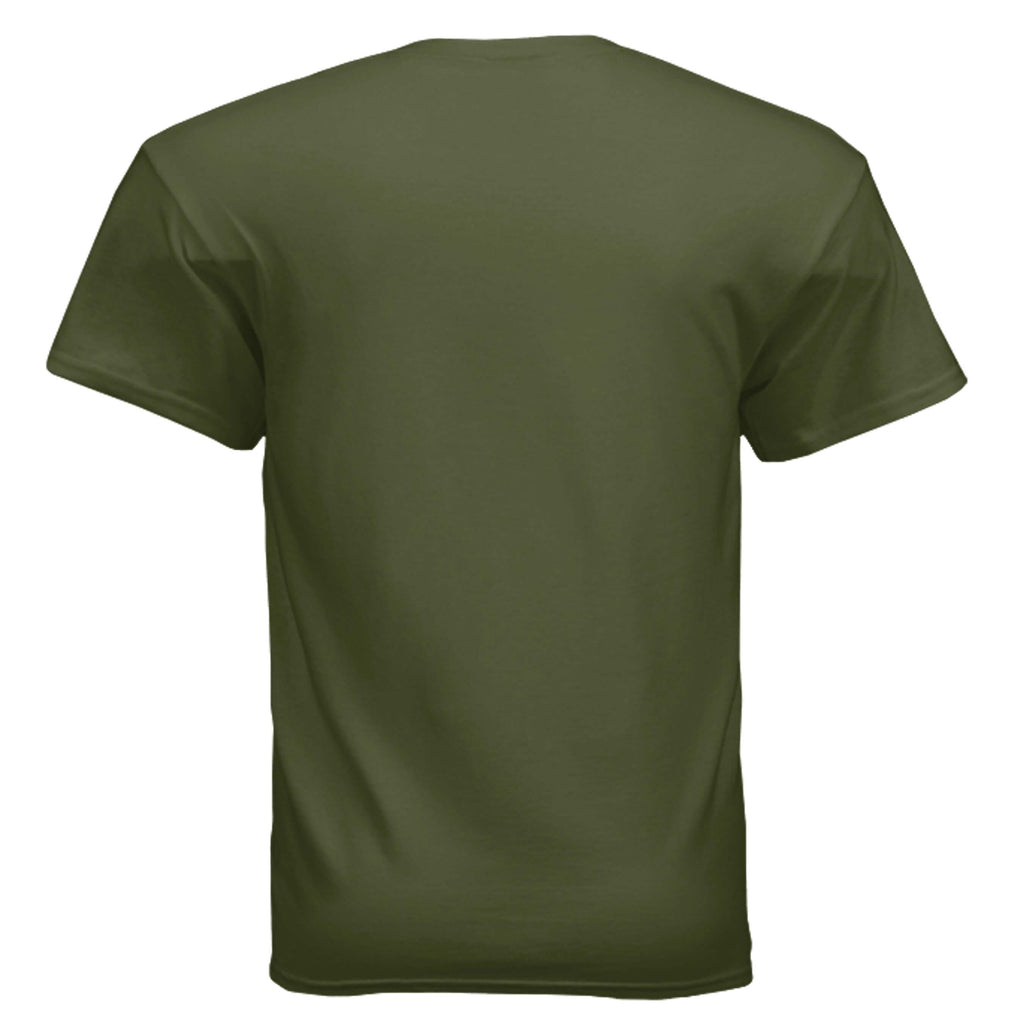 Back view of Eat Me Gildan G500 T-Shirt in olive green color.