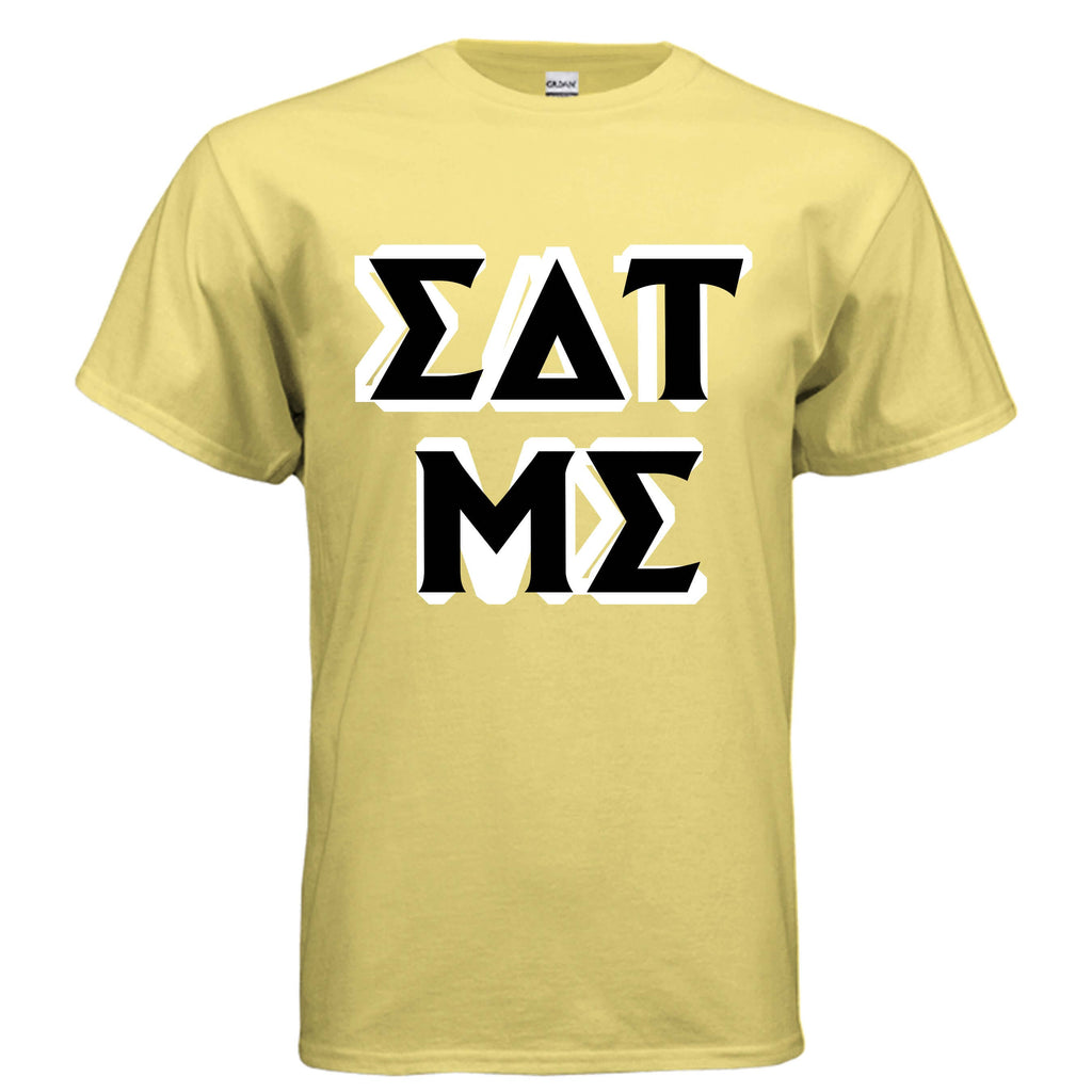 Eat Me Gildan G500 T-Shirt in yellow with bold black lettering design.