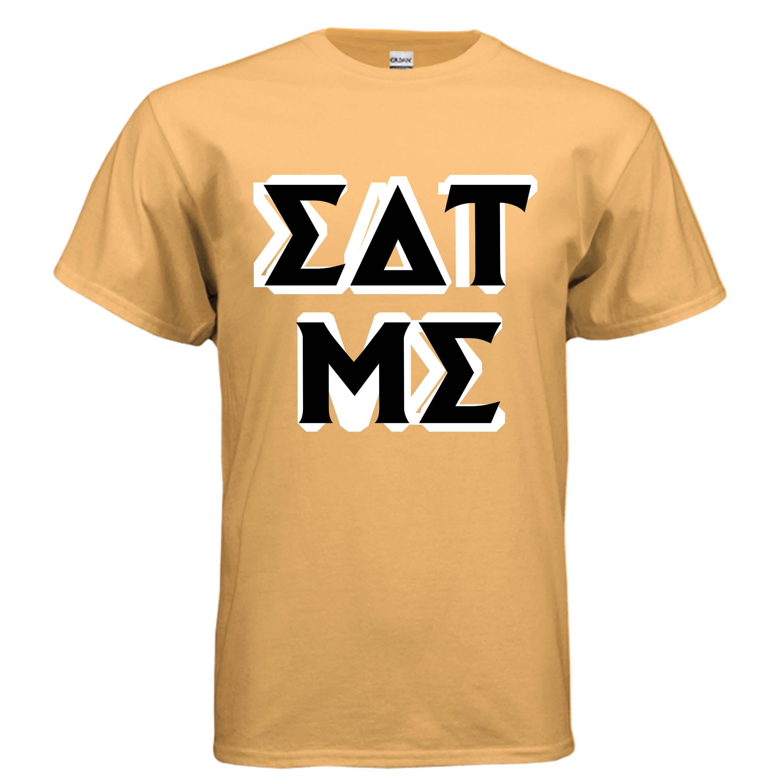 Eat Me Gildan G500 T-Shirt in gold color with bold black letters.