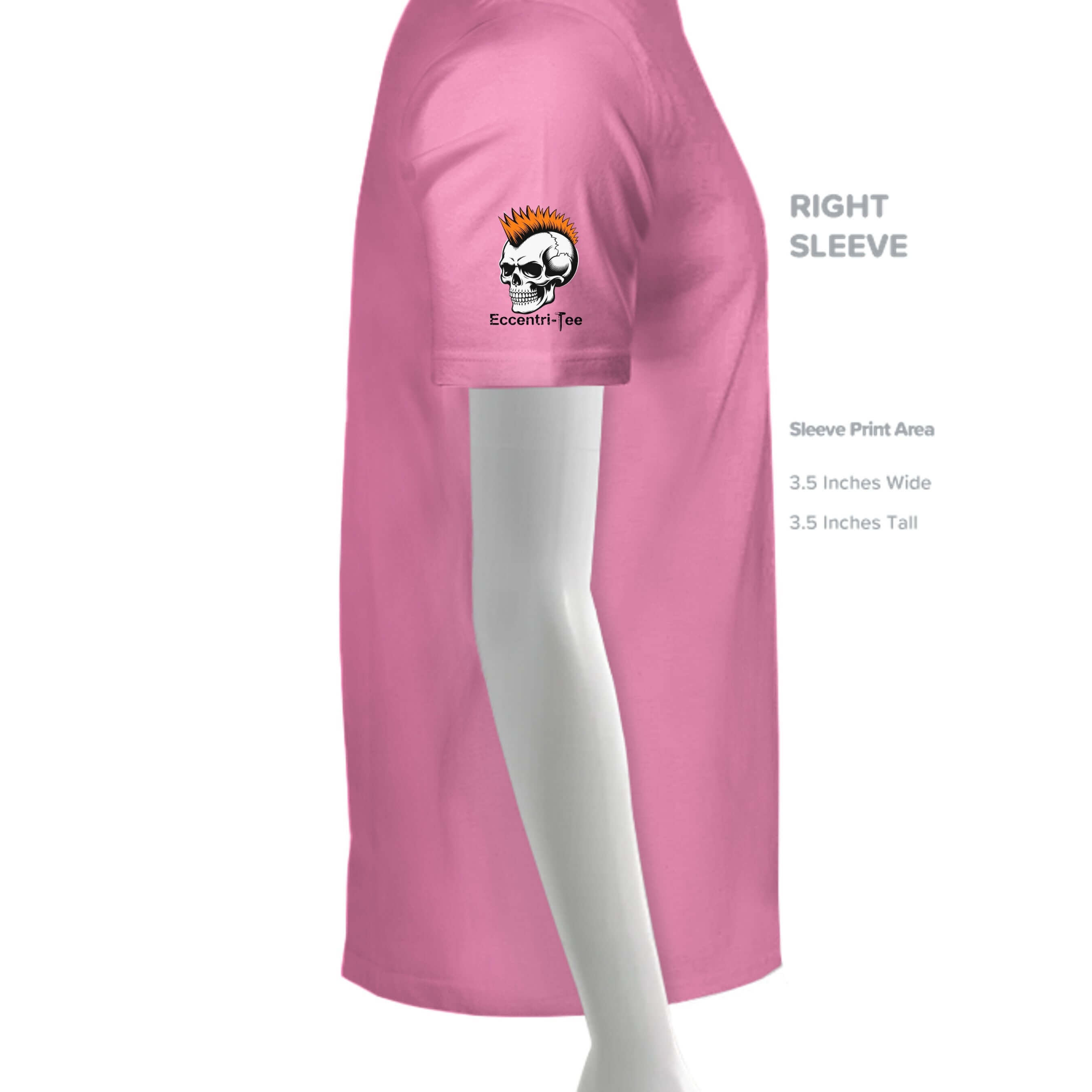 Side view of the pink Eat Me T-Shirt featuring a skull logo on the right sleeve.