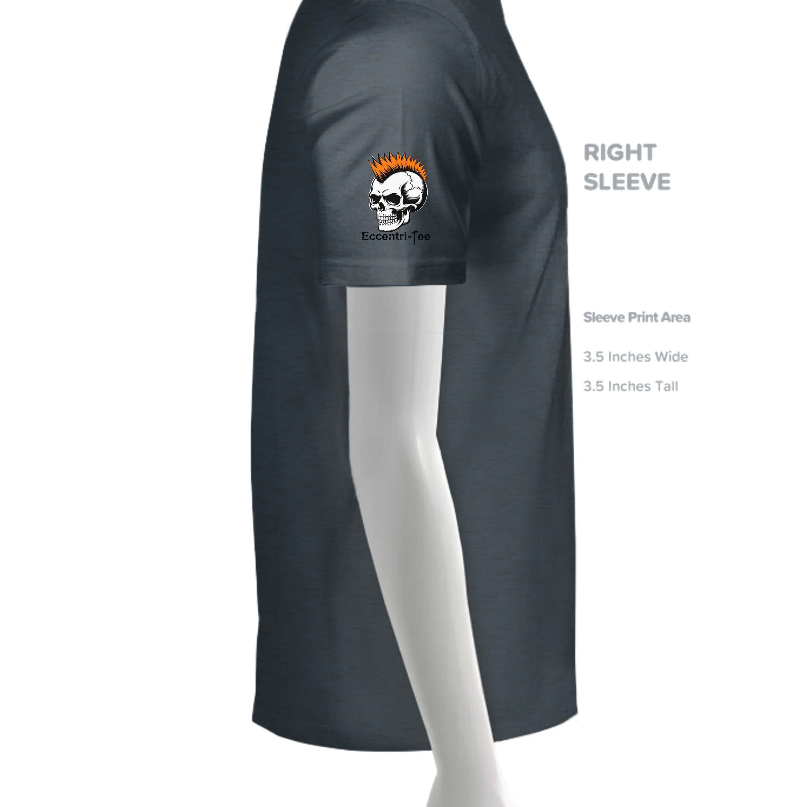 Eat Me Gildan G500 T-Shirt showing right sleeve with skull print design and dimensions for sleeve print area.